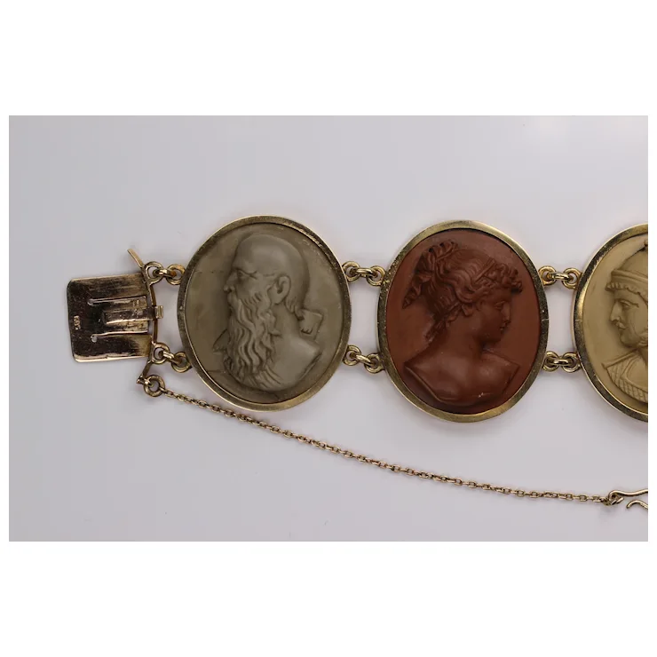 Antique Victorian Lava Cameo Bracelet 14 Karat Gold with Greek/Roman Gods