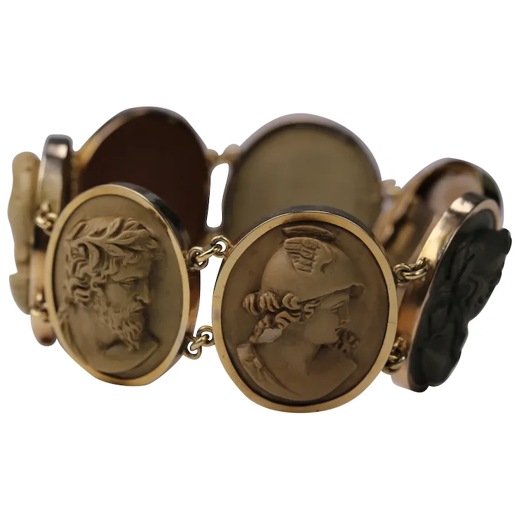 Antique Victorian Lava Cameo Bracelet 14 Karat Gold with Greek/Roman Gods