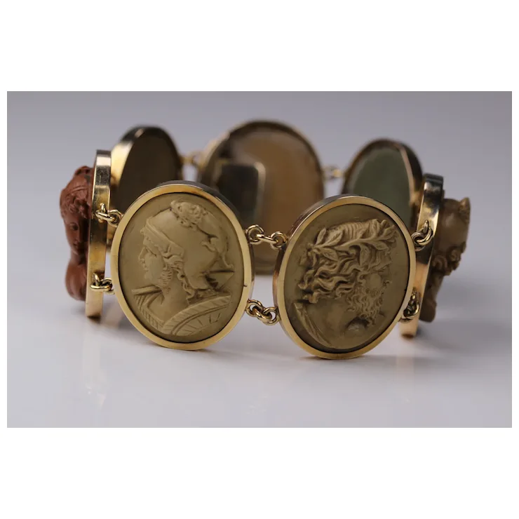 Antique Victorian Lava Cameo Bracelet 14 Karat Gold with Greek/Roman Gods