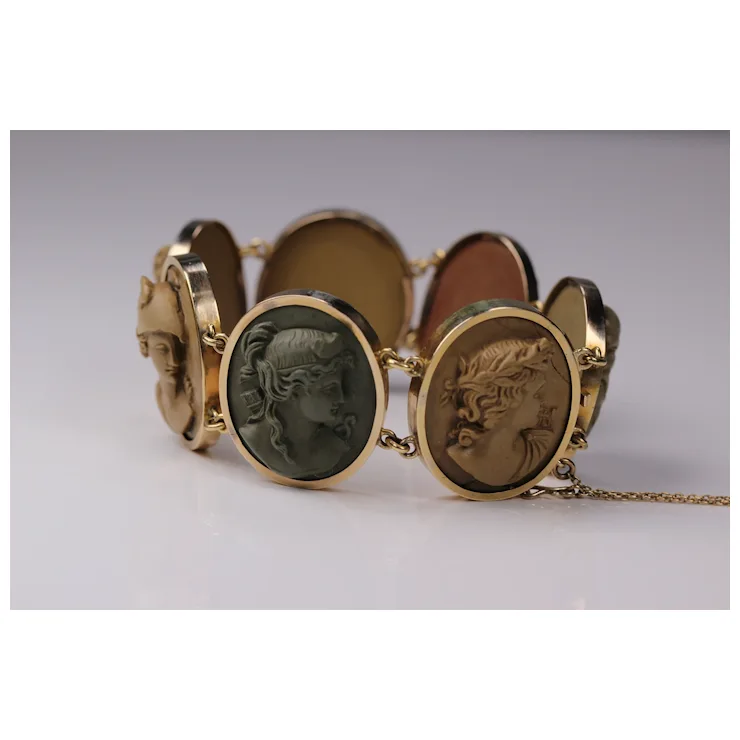 Antique Victorian Lava Cameo Bracelet 14 Karat Gold with Greek/Roman Gods