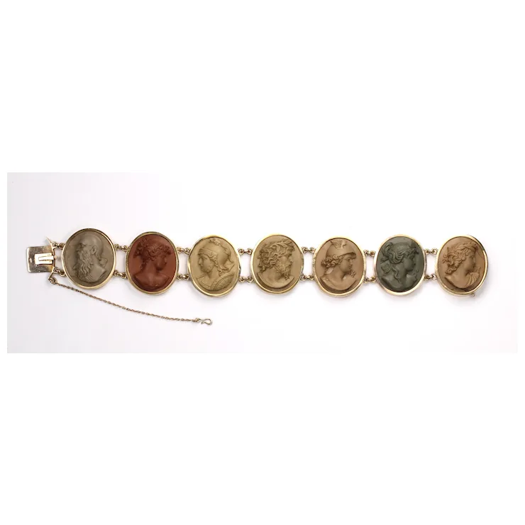 Antique Victorian Lava Cameo Bracelet 14 Karat Gold with Greek/Roman Gods