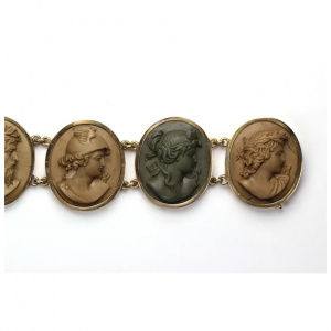 Antique Victorian Lava Cameo Bracelet 14 Karat Gold with Greek/Roman Gods