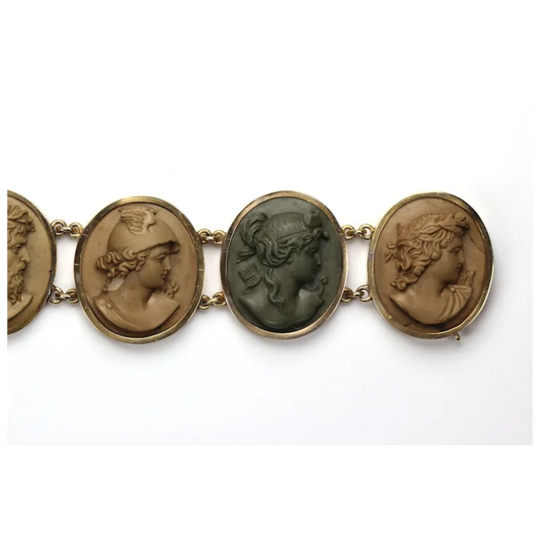 Antique Victorian Lava Cameo Bracelet 14 Karat Gold with Greek/Roman Gods - Image 4