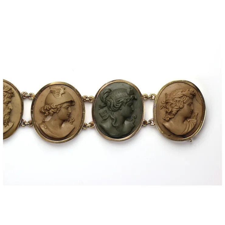 Antique Victorian Lava Cameo Bracelet 14 Karat Gold with Greek/Roman Gods