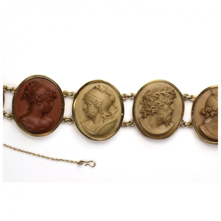 Antique Victorian Lava Cameo Bracelet 14 Karat Gold with Greek/Roman Gods - Image 5