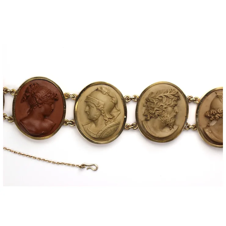Antique Victorian Lava Cameo Bracelet 14 Karat Gold with Greek/Roman Gods