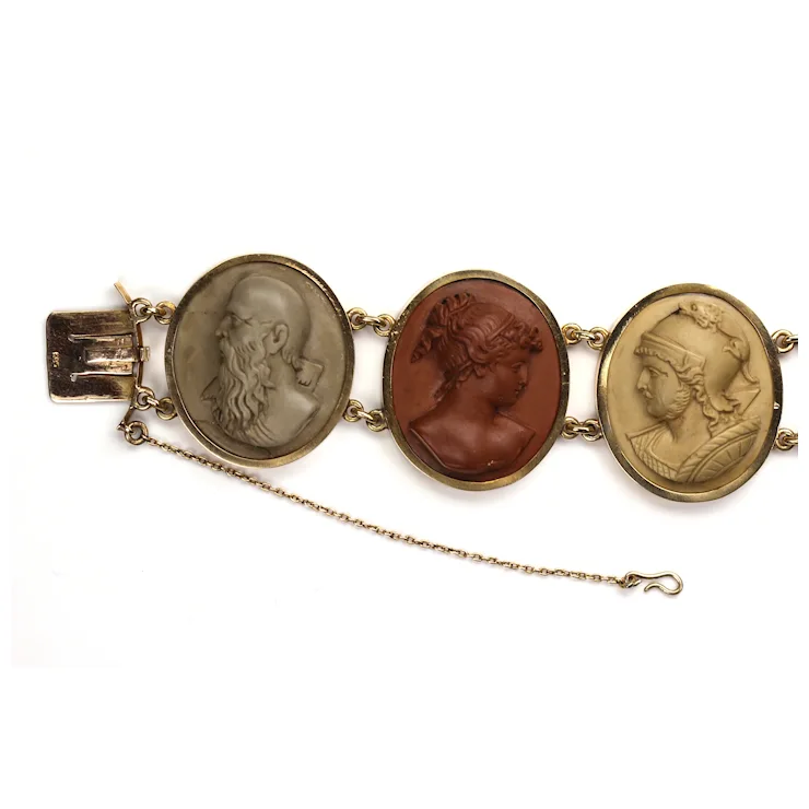 Antique Victorian Lava Cameo Bracelet 14 Karat Gold with Greek/Roman Gods