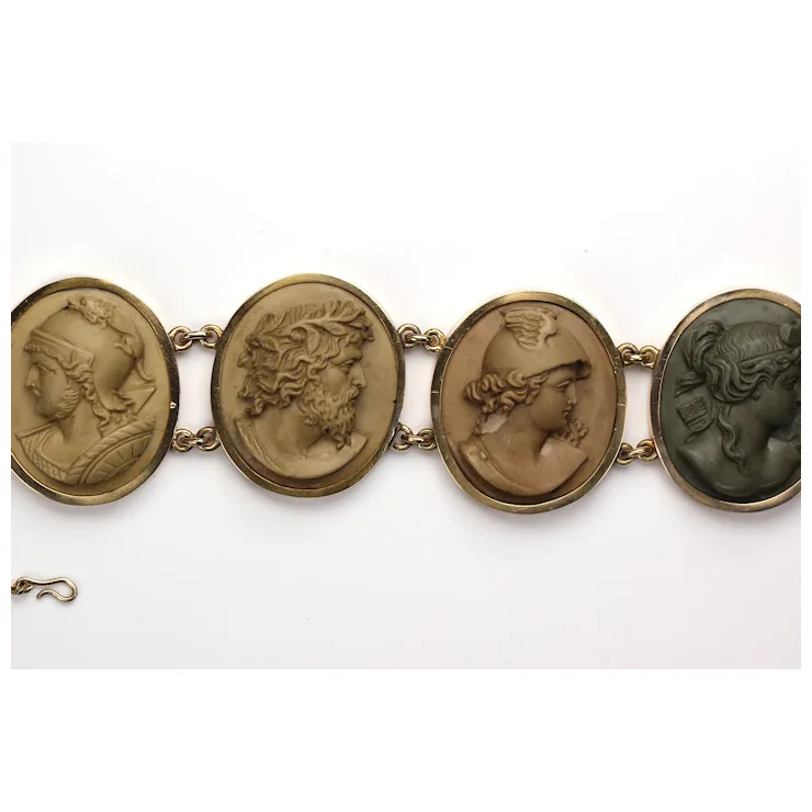 Antique Victorian Lava Cameo Bracelet 14 Karat Gold with Greek/Roman Gods