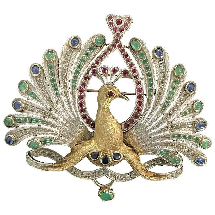 Big Peacock with natural Gemstones - Brooch & Hair Pin & Pendant - One of a kind