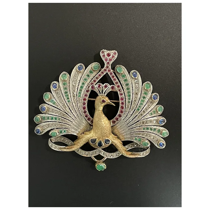 Big Peacock with natural Gemstones - Brooch & Hair Pin & Pendant - One of a kind