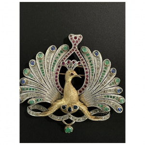 Big Peacock with natural Gemstones - Brooch & Hair Pin & Pendant - One of a kind