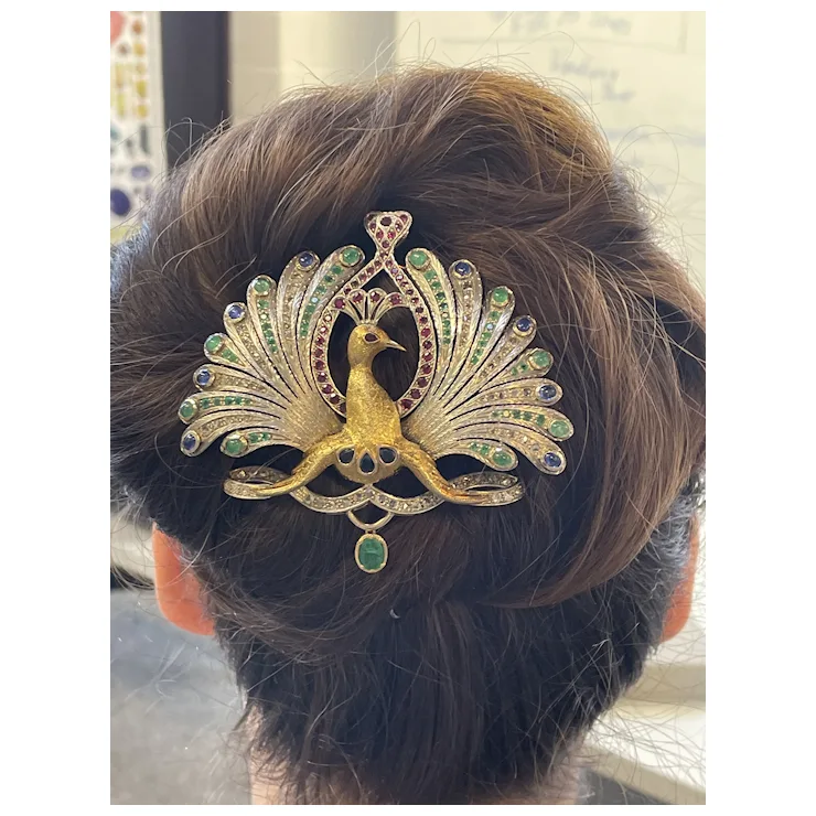 Big Peacock with natural Gemstones - Brooch & Hair Pin & Pendant - One of a kind