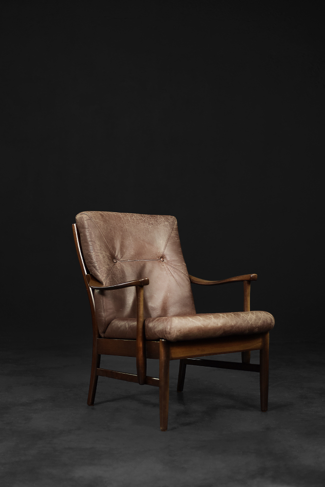 Vintage Mid-Century Danish Modern Beech & Brown Leather Armchair from Farstrup Møbler, 1970s