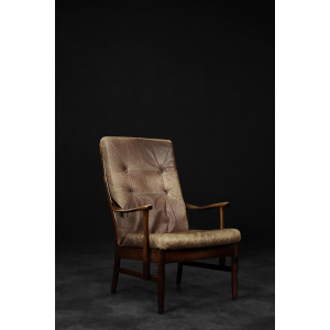 Vintage Mid-Century Danish Modern Beech & Brown Leather High Armchair from Farstrup Møbler, 1970s