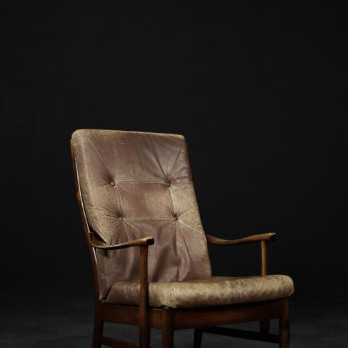 Vintage Mid-Century Danish Modern Beech & Brown Leather High Armchair from Farstrup Møbler, 1970s