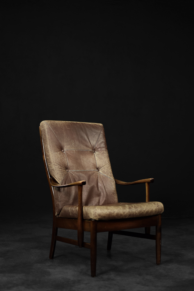 Vintage Mid-Century Danish Modern Beech & Brown Leather High Armchair from Farstrup Møbler, 1970s