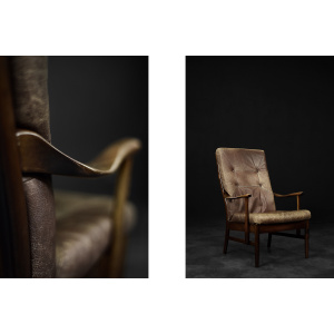 Vintage Mid-Century Danish Modern Beech & Brown Leather High Armchair from Farstrup Møbler, 1970s