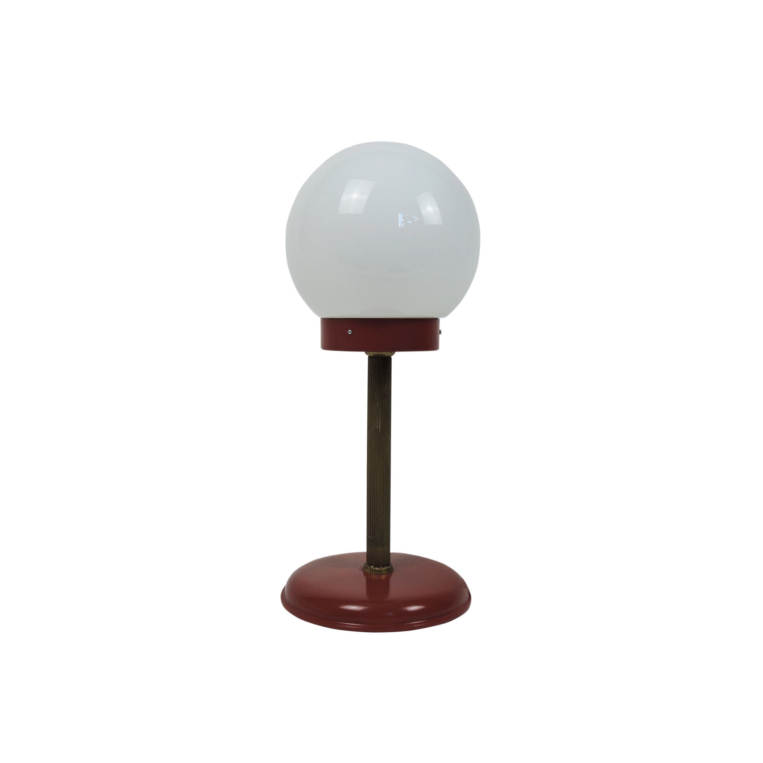 White Globe Table Lamp With Red & Brass Base, 1970s