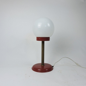 White Globe Table Lamp With Red & Brass Base, 1970s