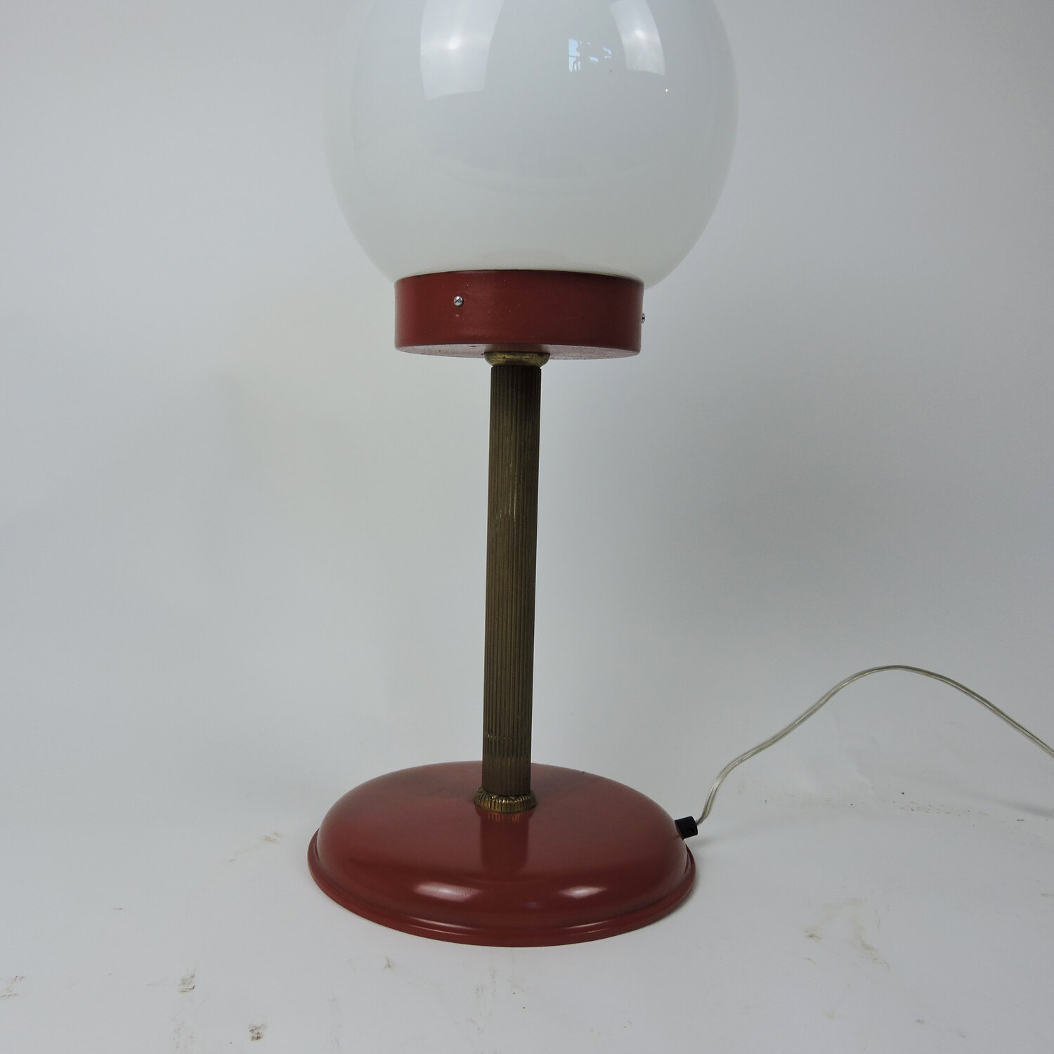 White Globe Table Lamp With Red & Brass Base, 1970s