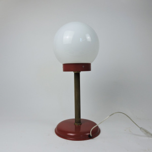 White Globe Table Lamp With Red & Brass Base, 1970s