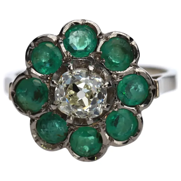 French Antique Diamond 1.09 ct. Emerald Ring 18K White Gold