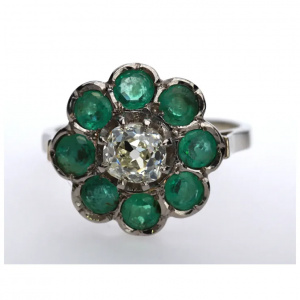 French Antique Diamond 1.09 ct. Emerald Ring 18K White Gold