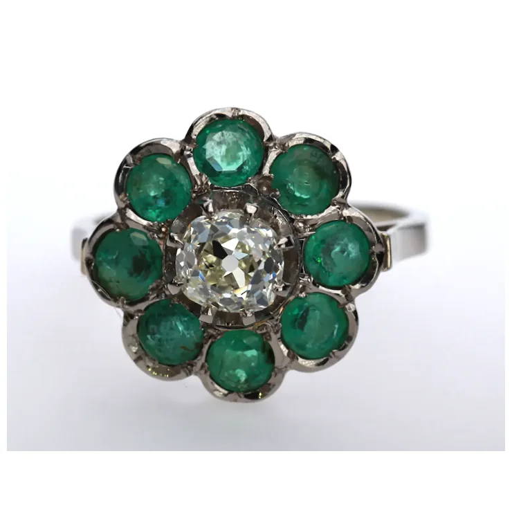 French Antique Diamond 1.09 ct. Emerald Ring 18K White Gold
