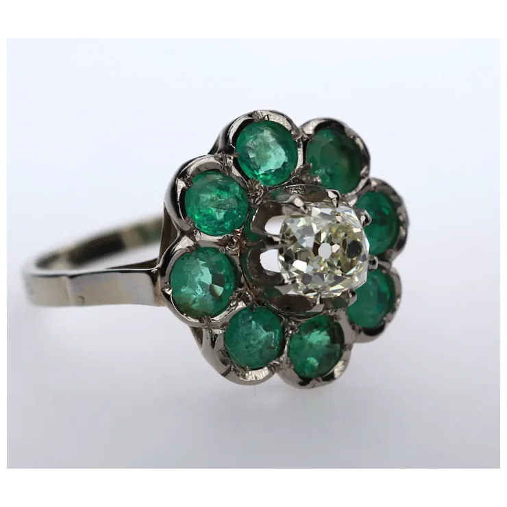 French Antique Diamond 1.09 ct. Emerald Ring 18K White Gold