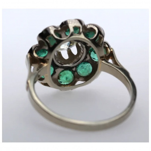 French Antique Diamond 1.09 ct. Emerald Ring 18K White Gold