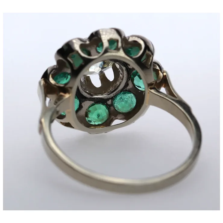 French Antique Diamond 1.09 ct. Emerald Ring 18K White Gold