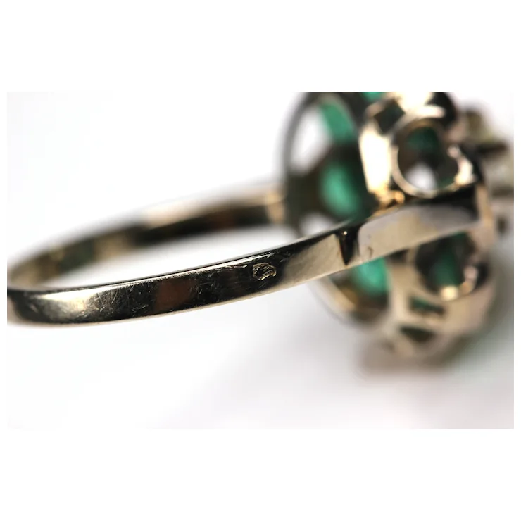 French Antique Diamond 1.09 ct. Emerald Ring 18K White Gold