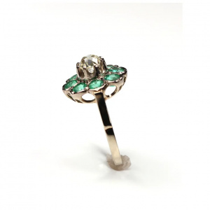 French Antique Diamond 1.09 ct. Emerald Ring 18K White Gold