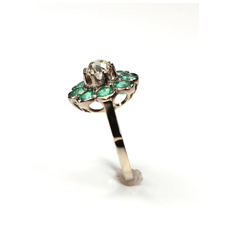 French Antique Diamond 1.09 ct. Emerald Ring 18K White Gold
