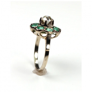 French Antique Diamond 1.09 ct. Emerald Ring 18K White Gold