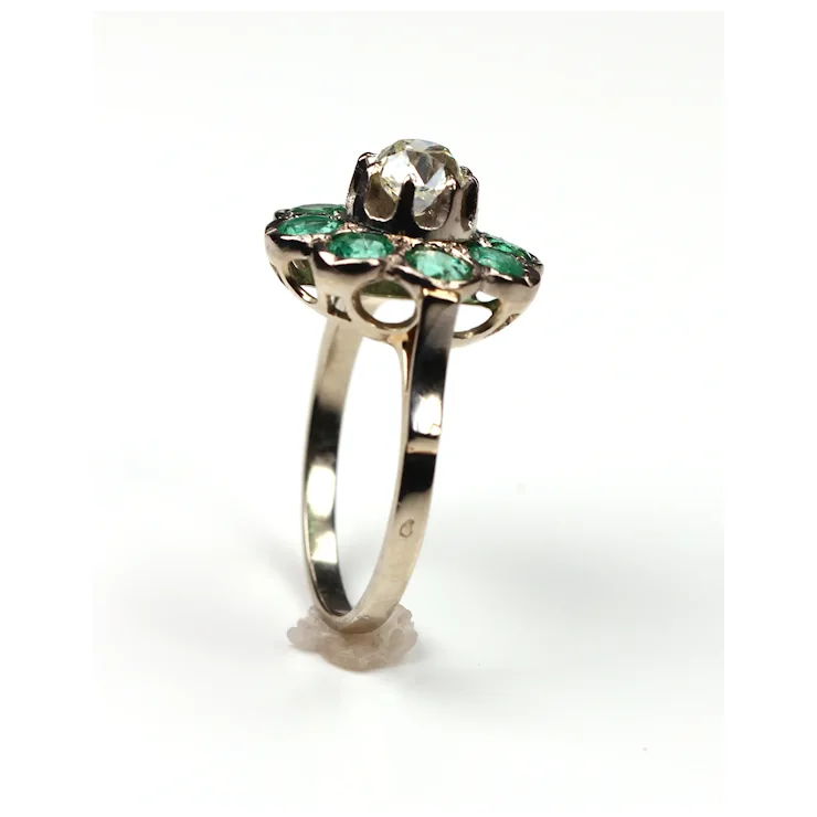 French Antique Diamond 1.09 ct. Emerald Ring 18K White Gold
