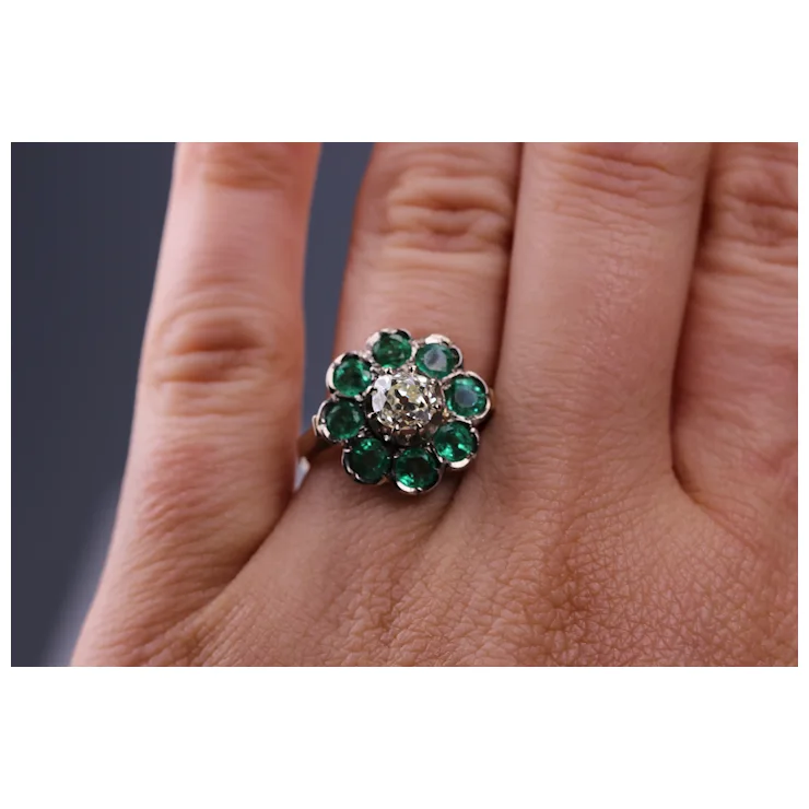French Antique Diamond 1.09 ct. Emerald Ring 18K White Gold