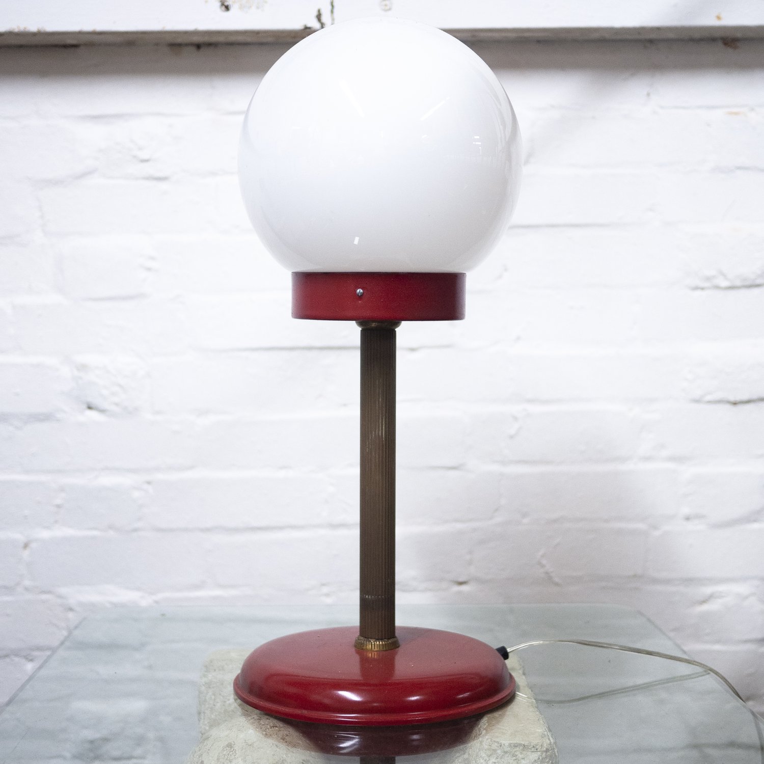 White Globe Table Lamp With Red & Brass Base, 1970s