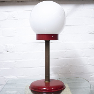 White Globe Table Lamp With Red & Brass Base, 1970s