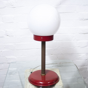 White Globe Table Lamp With Red & Brass Base, 1970s