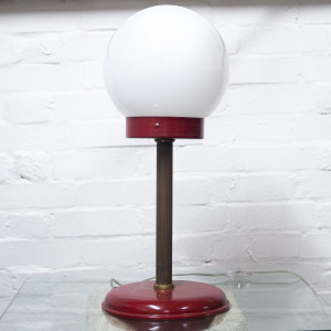 White Globe Table Lamp With Red & Brass Base, 1970s