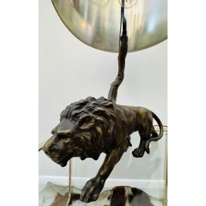 Antique Spelter Prowling Lion Tree Table Lamp Inc Shade, 1900s