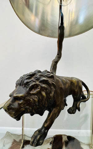 Antique Spelter Prowling Lion Tree Table Lamp Inc Shade, 1900s