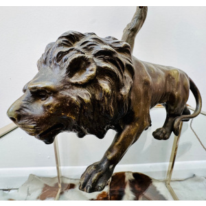 Antique Spelter Prowling Lion Tree Table Lamp Inc Shade, 1900s