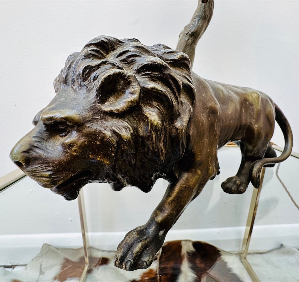 Antique Spelter Prowling Lion Tree Table Lamp Inc Shade, 1900s