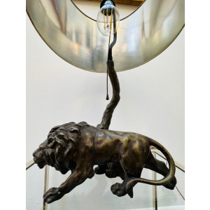 Antique Spelter Prowling Lion Tree Table Lamp Inc Shade, 1900s