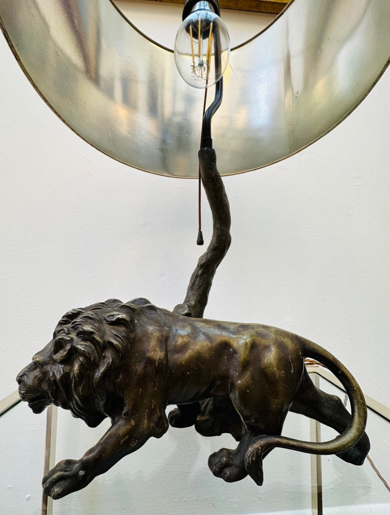 Antique Spelter Prowling Lion Tree Table Lamp Inc Shade, 1900s