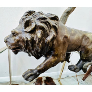 Antique Spelter Prowling Lion Tree Table Lamp Inc Shade, 1900s