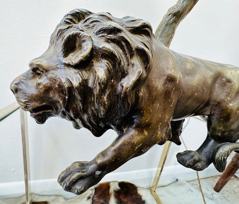 Antique Spelter Prowling Lion Tree Table Lamp Inc Shade, 1900s