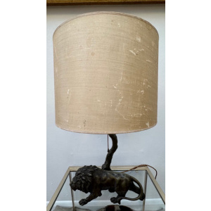 Antique Spelter Prowling Lion Tree Table Lamp Inc Shade, 1900s